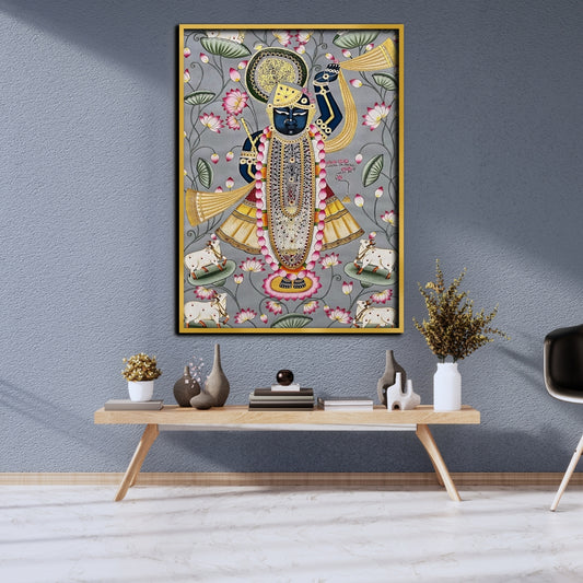 Divine Shrinath Ji Lotus Pichwai Canvas Painting Framed Wall Art