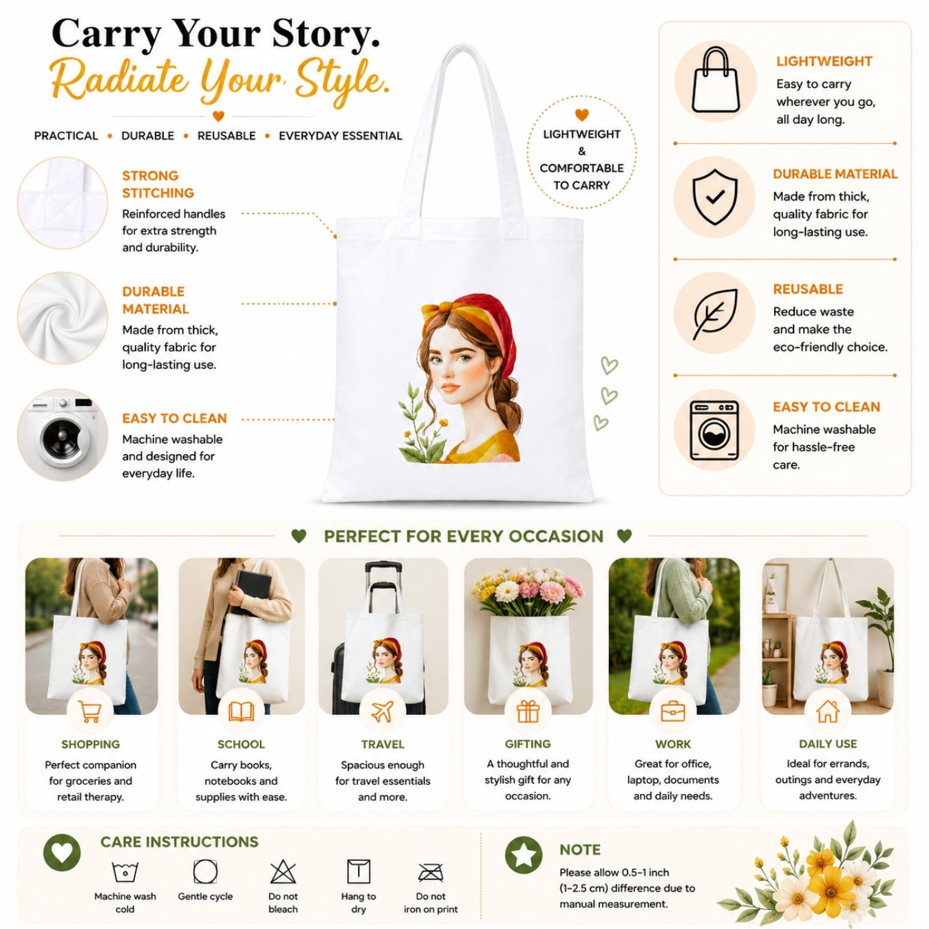 Cute Girl Premium Reusable Tote Bag Stylish Eco-Friendly Cotton Handbags, Canvas Bags for College, Shopping, Office, Travel, Grocery Runs, Beach Day and Casual Outing