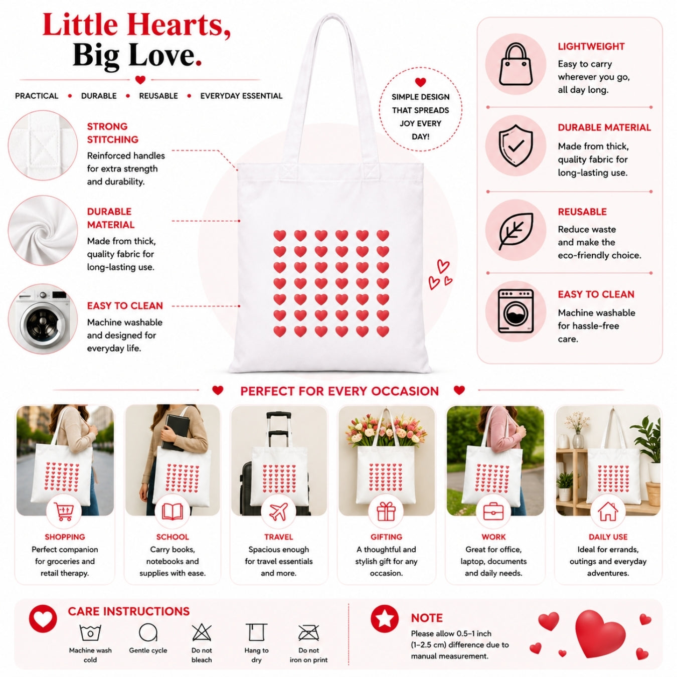 Hearts Premium Reusable Unique Art Printed Tote Bag Stylish Eco-Friendly Cotton Handbags, Canvas Bags for College, Shopping, Office, Travel, Grocery Runs, Beach Day and Casual Outings