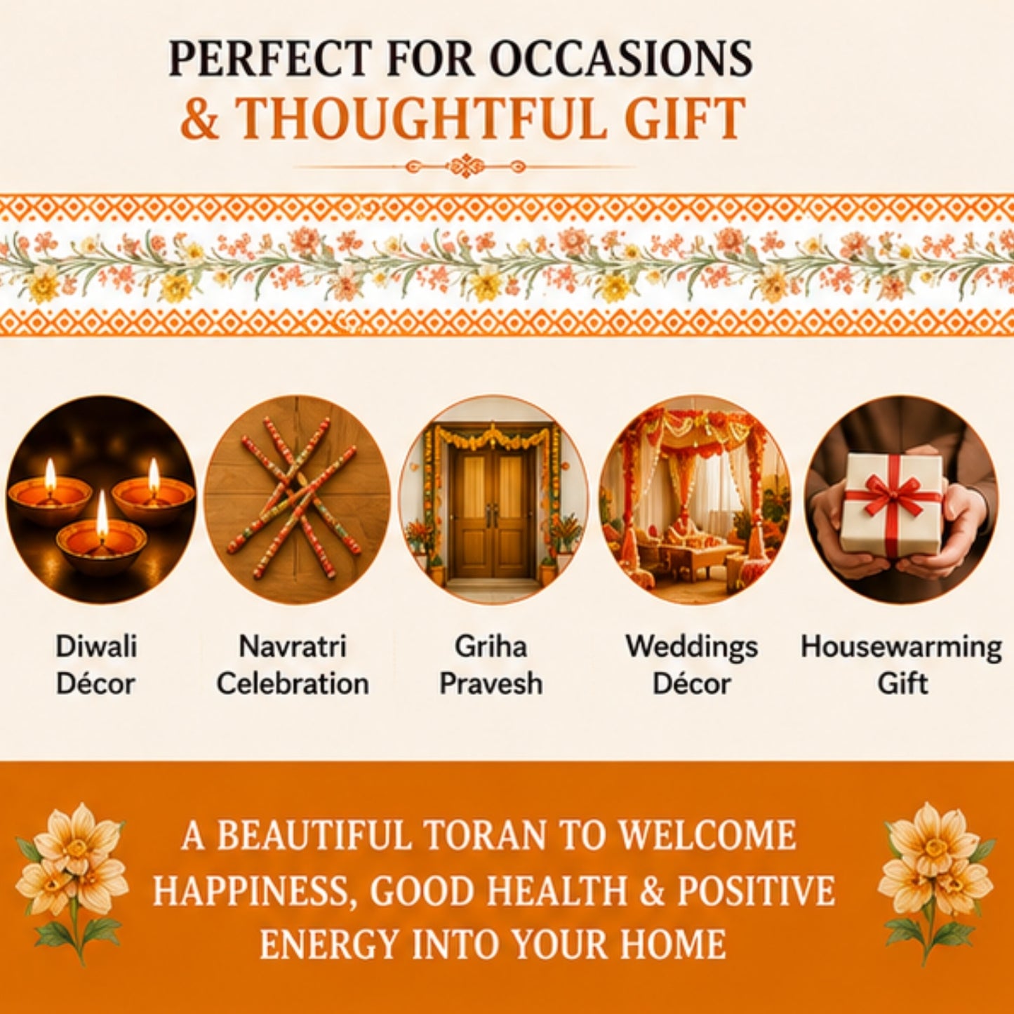 Floral Motifs Toran for Main Door Entrance, Window, Pooja Mandir & Housewarming Gift