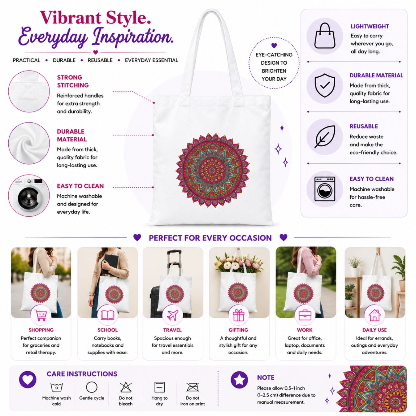 Mandala Premium Reusable Unique Art Printed Tote Bag Stylish Eco-Friendly Cotton Handbags, Canvas Bags for College, Shopping, Office, Travel, Grocery Runs, Beach Day and Casual Outings
