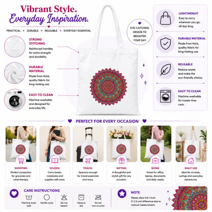 Mandala Premium Reusable Unique Art Printed Tote Bag Stylish Eco-Friendly Cotton Handbags, Canvas Bags for College, Shopping, Office, Travel, Grocery Runs, Beach Day and Casual Outings