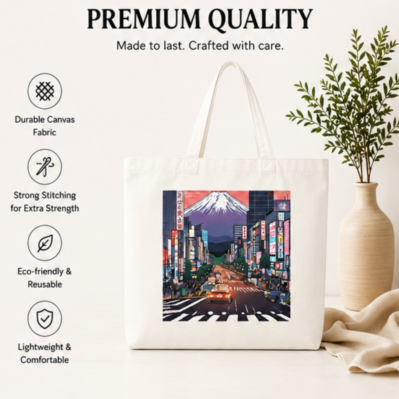 Tokyo Premium Reusable Unique Art Printed Tote Bag Stylish Eco-Friendly Cotton Handbags, Canvas Bags for College, Shopping, Office, Travel, Grocery Runs, Beach Day and Casual Outings