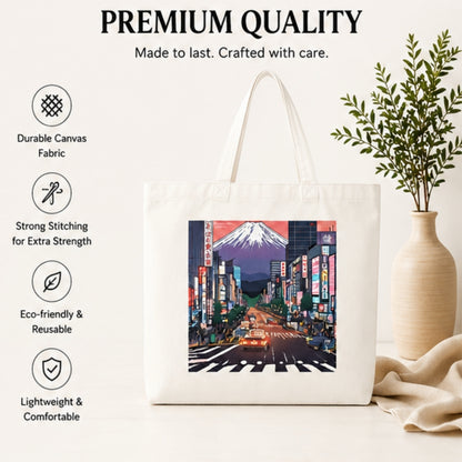Tokyo Premium Reusable Unique Art Printed Tote Bag Stylish Eco-Friendly Cotton Handbags, Canvas Bags for College, Shopping, Office, Travel, Grocery Runs, Beach Day and Casual Outings