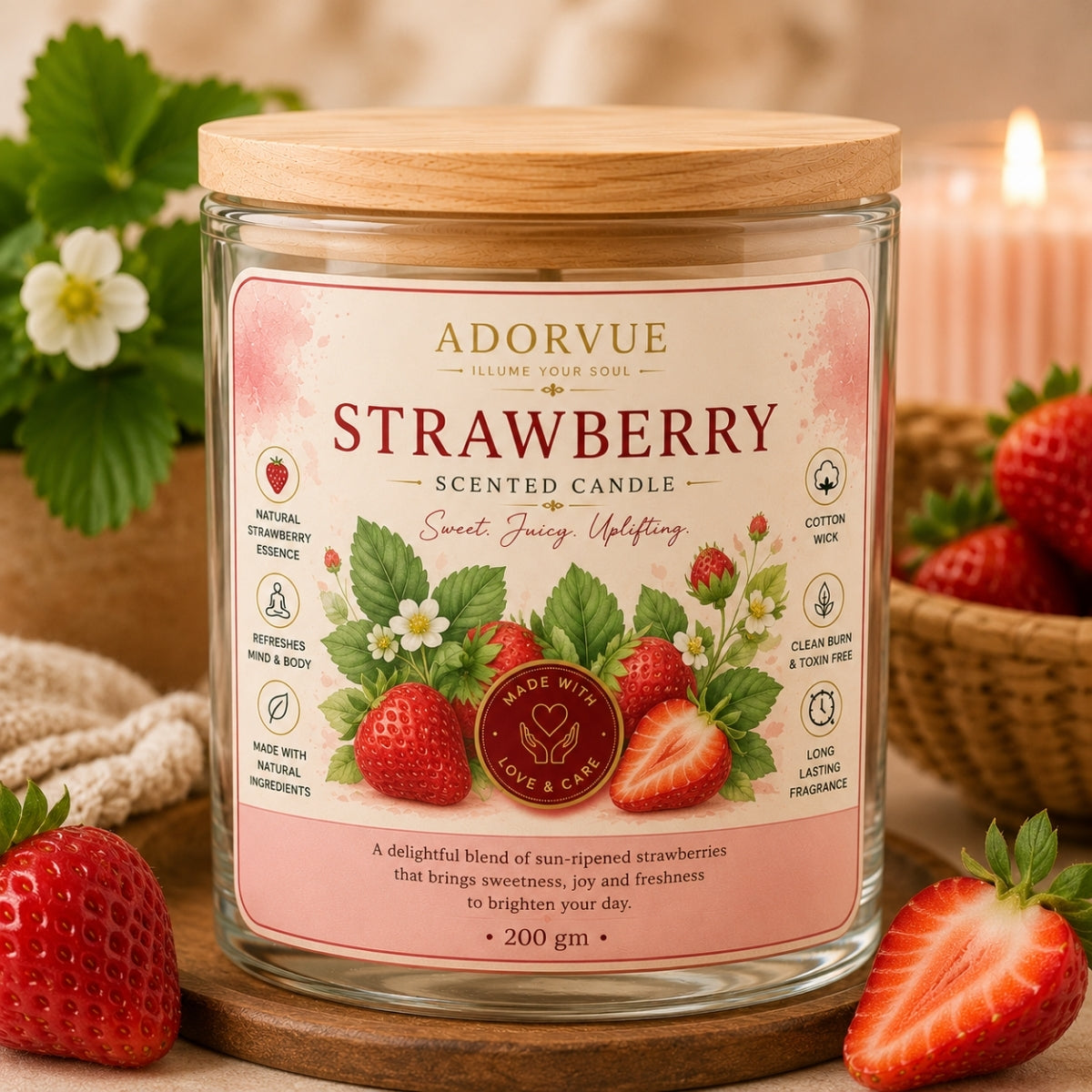 Strawberry Scented Candle for Home Decor & Gifting | Natural Soy Wax Aromatherapy Candle