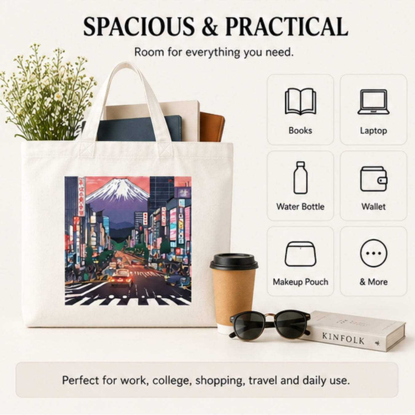 Tokyo Premium Reusable Unique Art Printed Tote Bag Stylish Eco-Friendly Cotton Handbags, Canvas Bags for College, Shopping, Office, Travel, Grocery Runs, Beach Day and Casual Outings