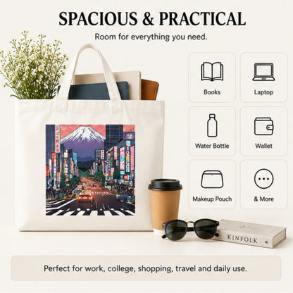 Tokyo Premium Reusable Unique Art Printed Tote Bag Stylish Eco-Friendly Cotton Handbags, Canvas Bags for College, Shopping, Office, Travel, Grocery Runs, Beach Day and Casual Outings