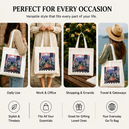 Tokyo Premium Reusable Unique Art Printed Tote Bag Stylish Eco-Friendly Cotton Handbags, Canvas Bags for College, Shopping, Office, Travel, Grocery Runs, Beach Day and Casual Outings