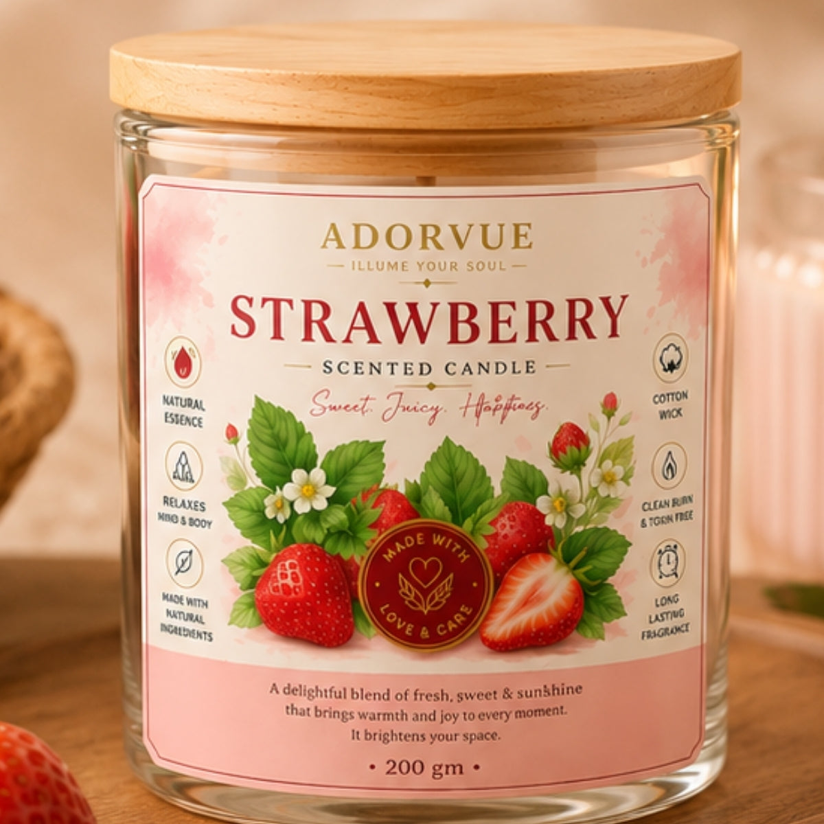 Strawberry Scented Candle for Home Decor & Gifting | Natural Soy Wax Aromatherapy Candle