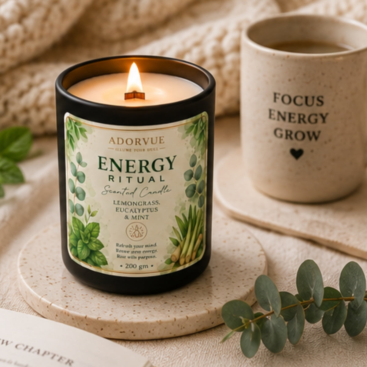Energy Ritual Scented Candle for Home Fragrance | Lemongrass, Eucalyptus & Mint Soy Wax Candle