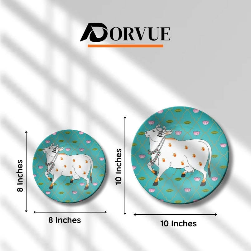 White Cow and Lotuses Pichwai Ceramic Decorative Wall Plate