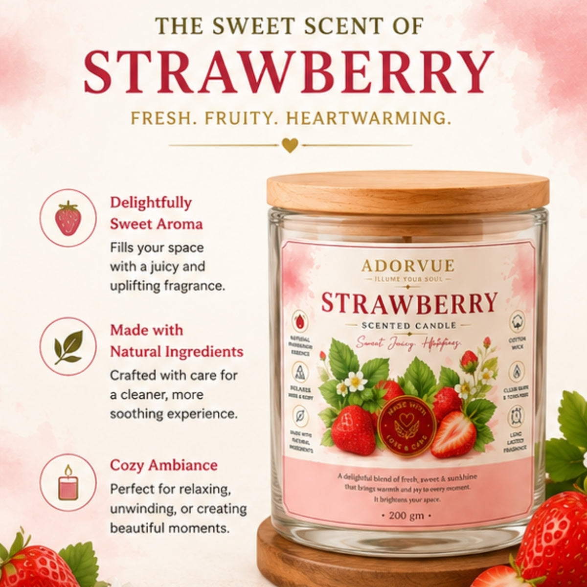 Strawberry Scented Candle for Home Decor & Gifting | Natural Soy Wax Aromatherapy Candle