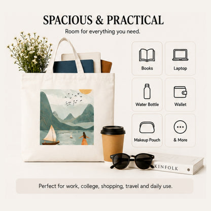Boho Premium Reusable Unique Art Printed Tote Bag Stylish Eco-Friendly Cotton Handbags, Canvas Bags for College, Shopping, Office, Travel, Grocery Runs, Beach Day and Casual Outings