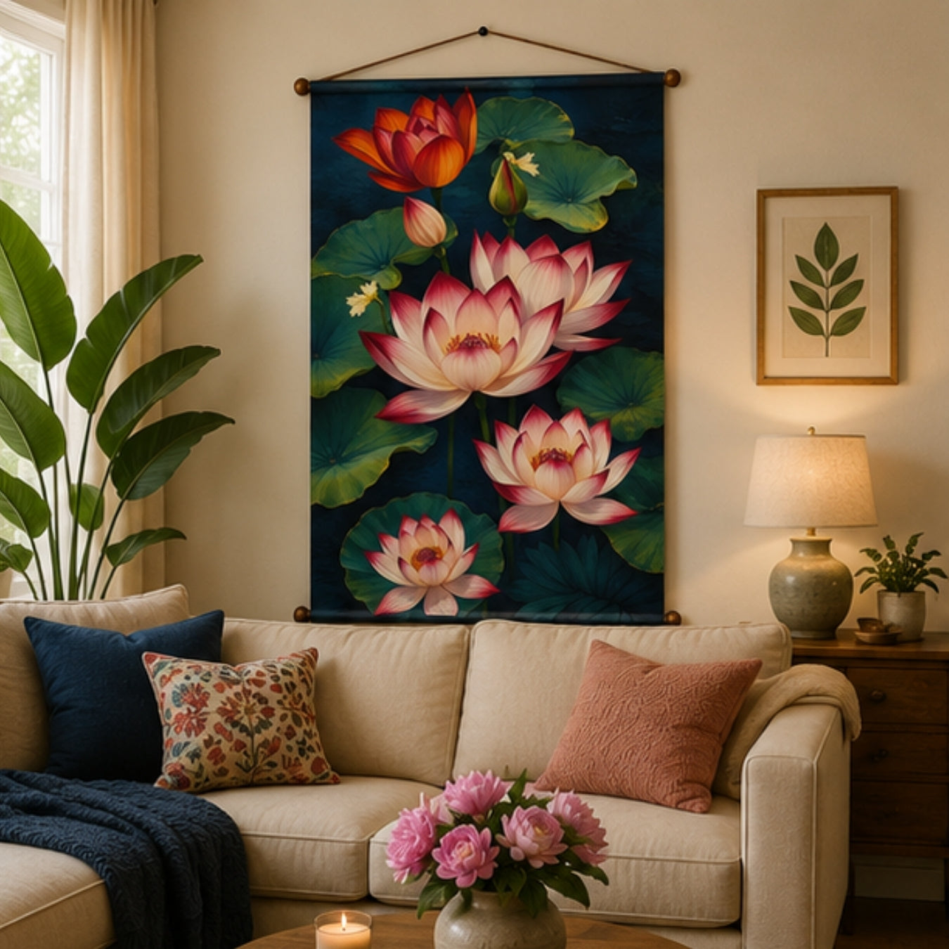 Flower Tapestry Lotus Wall Hanging Decor For Living Room & Bedroom | Aesthetic Floral Wall Decor with Lotus Pond Design | Zen Fabric Tapestry for Home, Meditation Room & Boho Decor 20X30 Inch