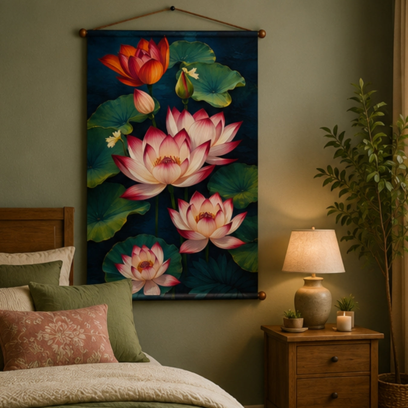 Flower Tapestry Lotus Wall Hanging Decor For Living Room & Bedroom | Aesthetic Floral Wall Decor with Lotus Pond Design | Zen Fabric Tapestry for Home, Meditation Room & Boho Decor 20X30 Inch