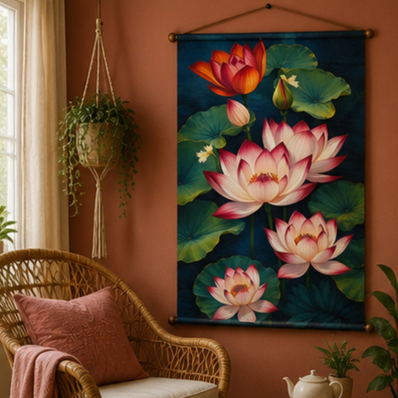 Flower Tapestry Lotus Wall Hanging Decor For Living Room & Bedroom | Aesthetic Floral Wall Decor with Lotus Pond Design | Zen Fabric Tapestry for Home, Meditation Room & Boho Decor 20X30 Inch