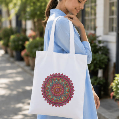 Mandala Premium Reusable Unique Art Printed Tote Bag Stylish Eco-Friendly Cotton Handbags, Canvas Bags for College, Shopping, Office, Travel, Grocery Runs, Beach Day and Casual Outings