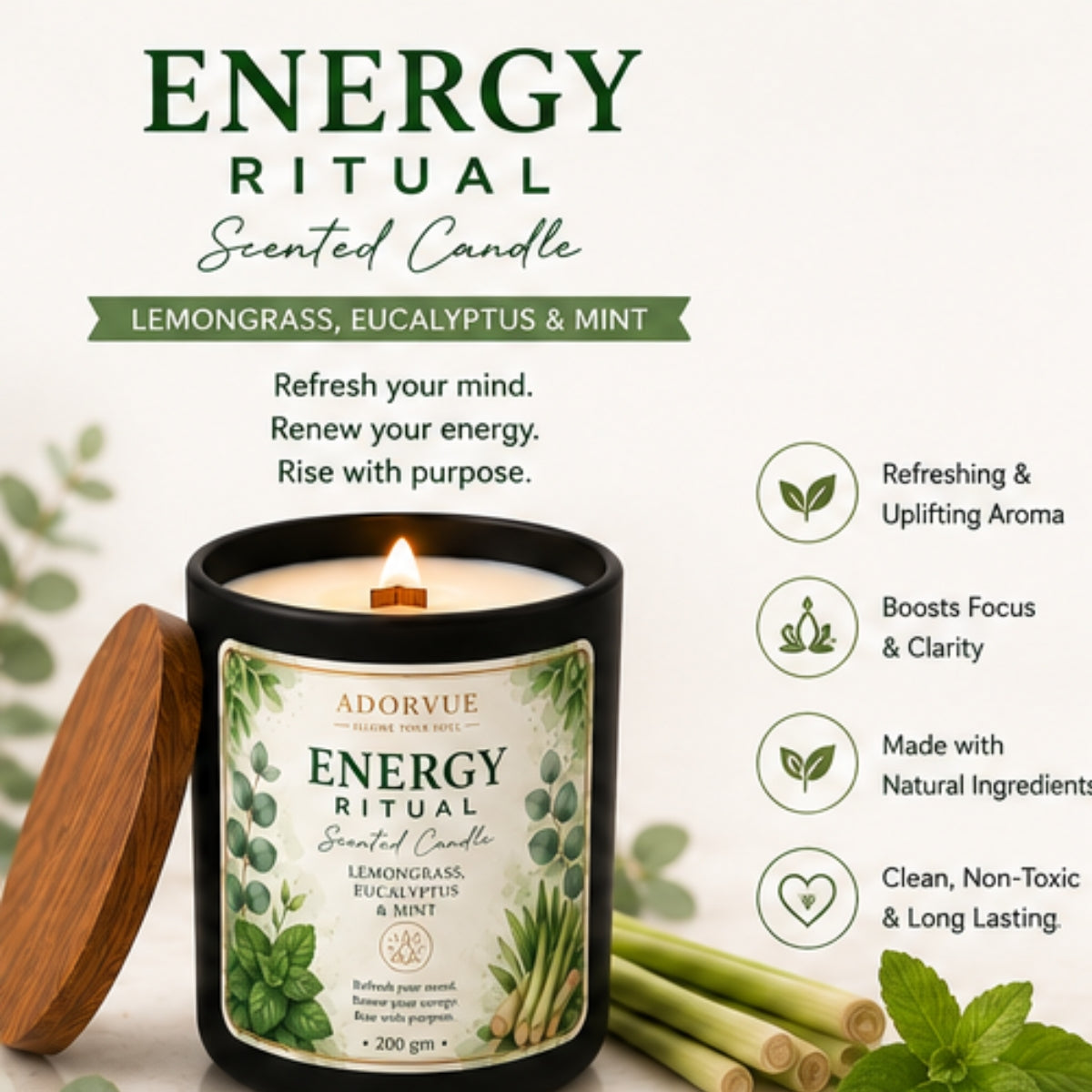 Energy Ritual Scented Candle for Home Fragrance | Lemongrass, Eucalyptus & Mint Soy Wax Candle
