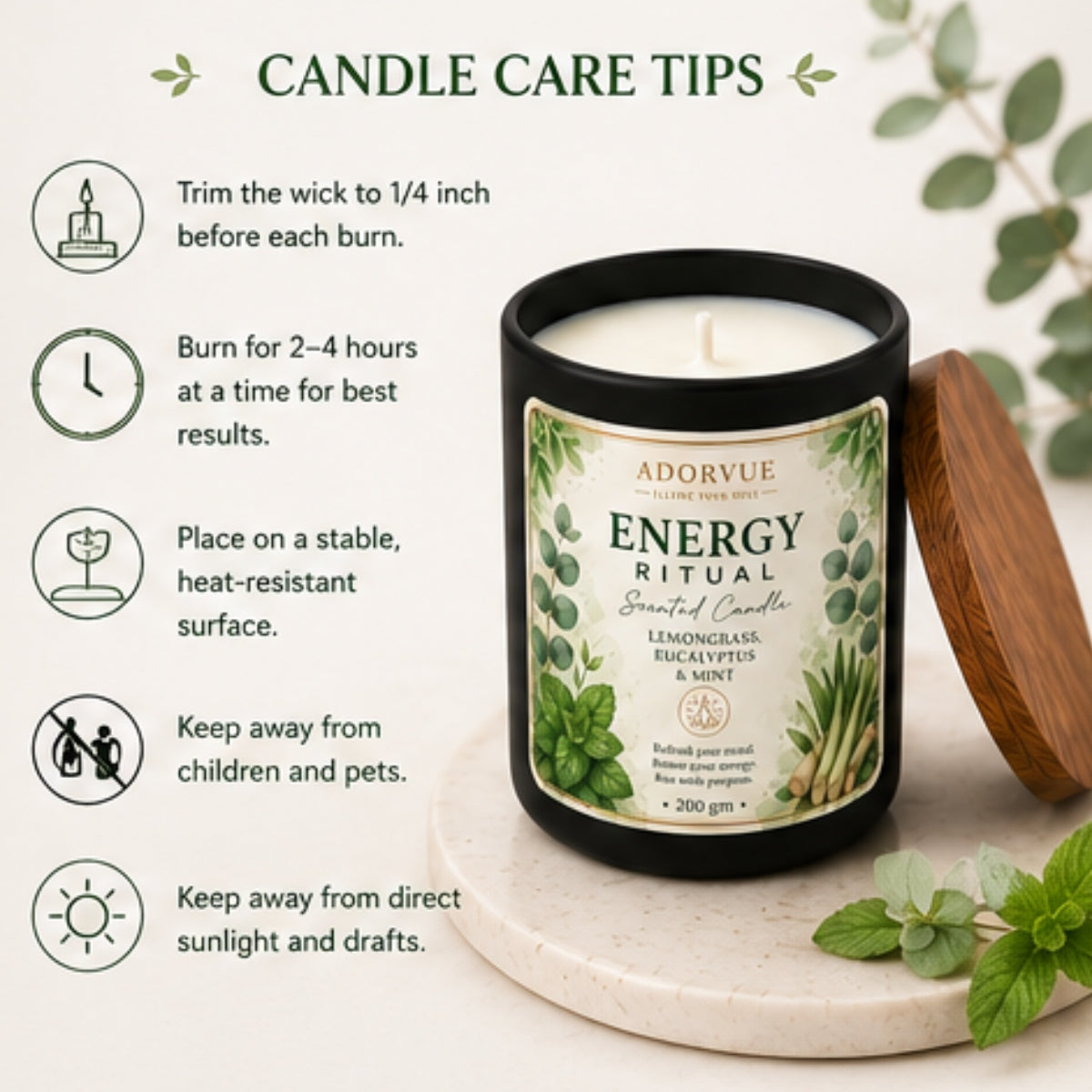 Energy Ritual Scented Candle for Home Fragrance | Lemongrass, Eucalyptus & Mint Soy Wax Candle