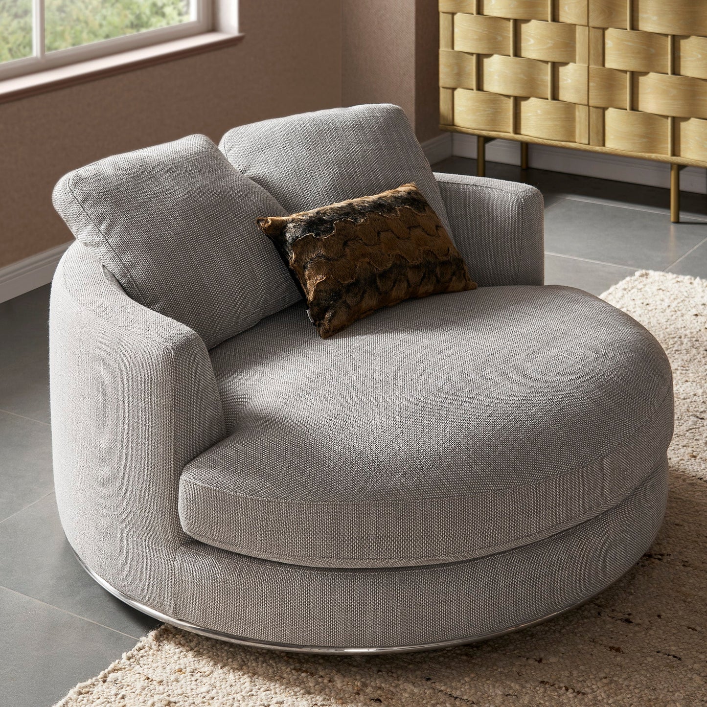 Aurora Curve Round Performance Fabric Swivel Armchair Smoke Grey