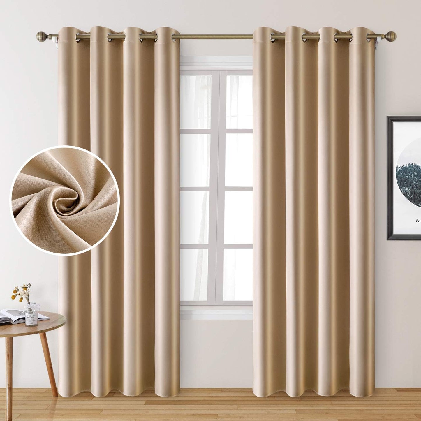 Set of 2 Faux Silk Blackout Drapes Curtains Champagne Gold