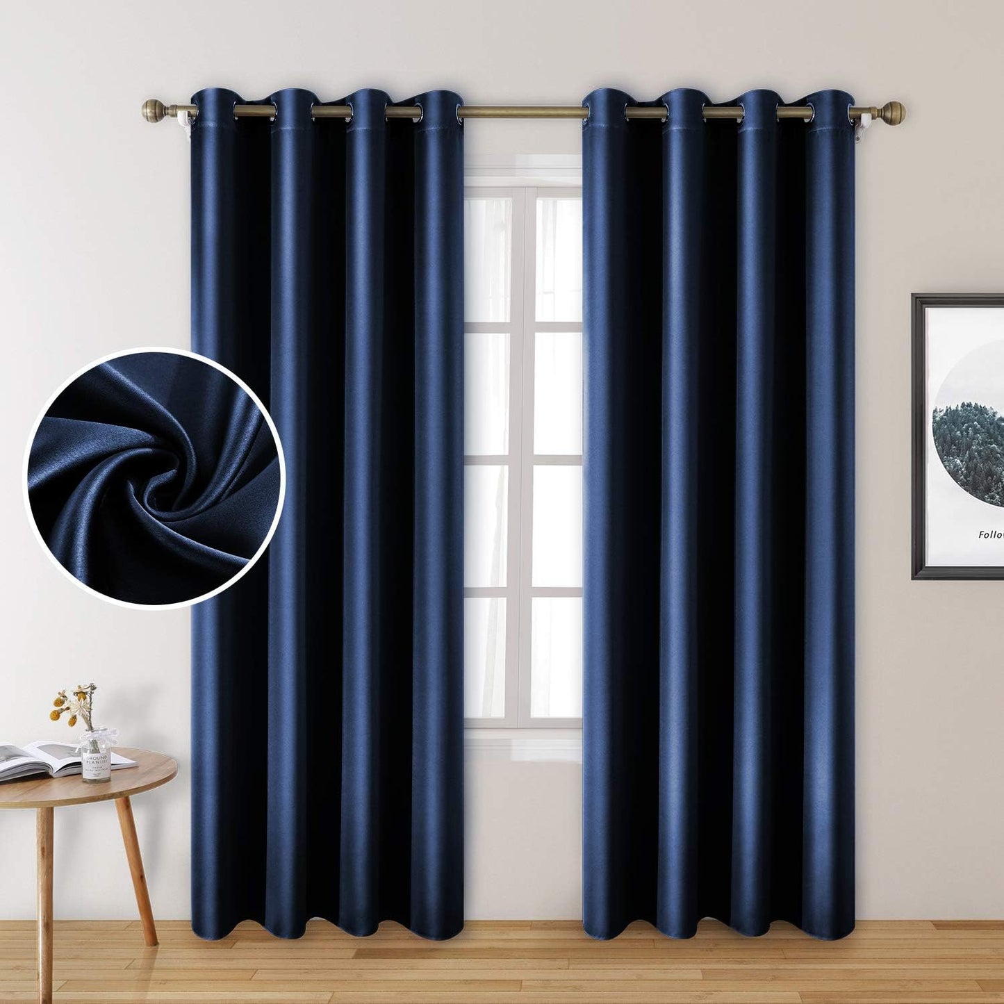 Set of 2 Faux Silk Blackout Drapes Curtains Blue