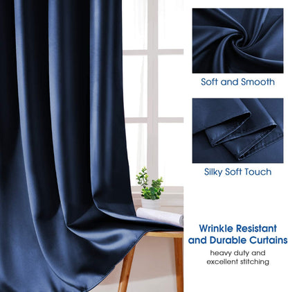 Set of 2 Faux Silk Blackout Drapes Curtains Blue