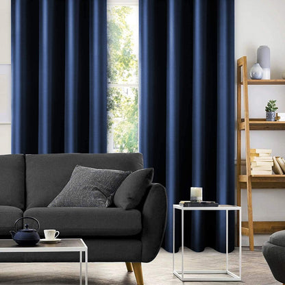 Set of 2 Faux Silk Blackout Drapes Curtains Blue