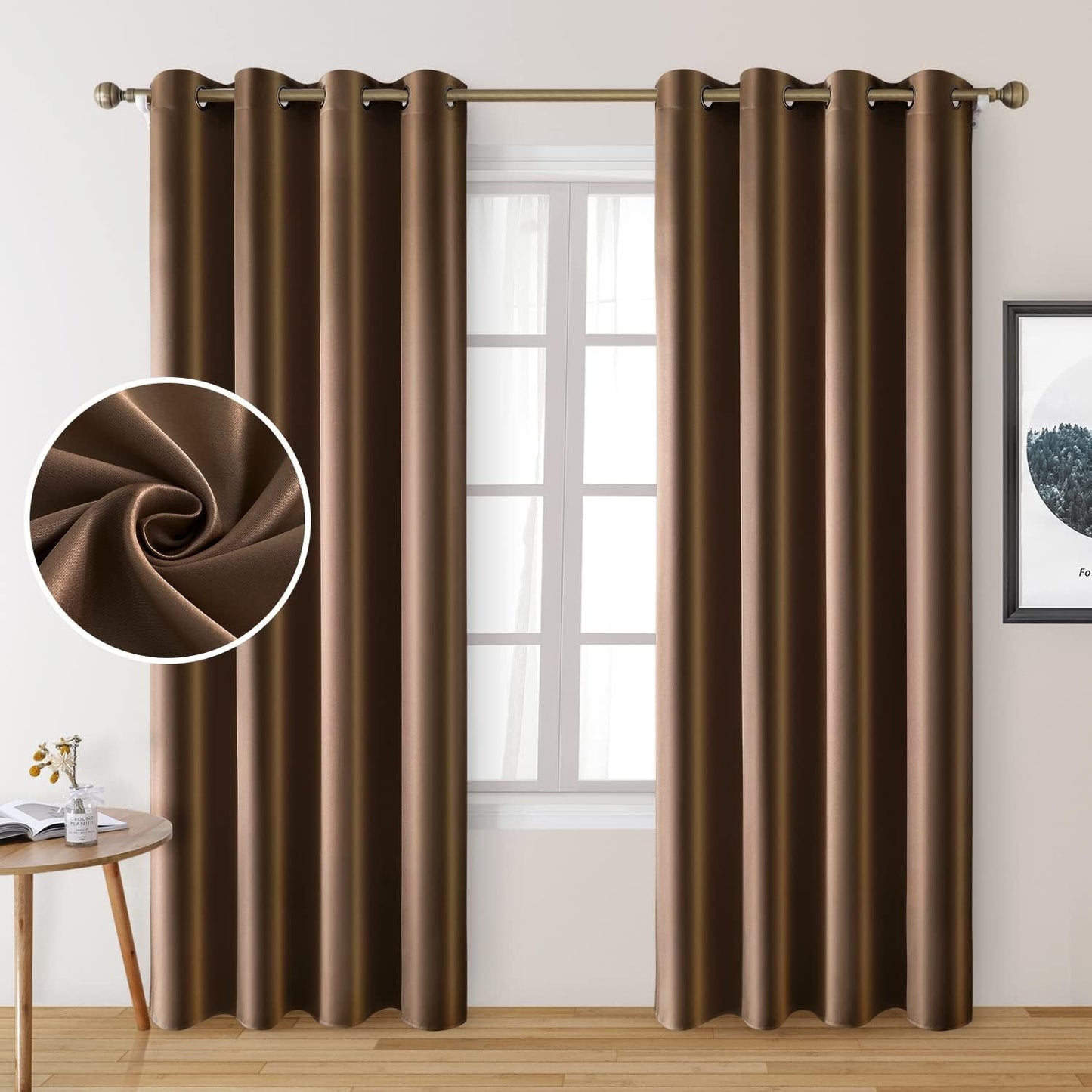 Set of 2 Faux Silk Blackout Drapes Curtains Brown