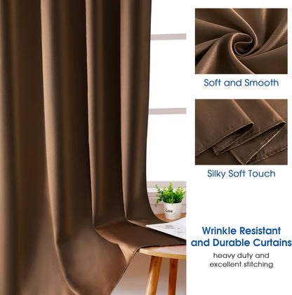 Set of 2 Faux Silk Blackout Drapes Curtains Brown