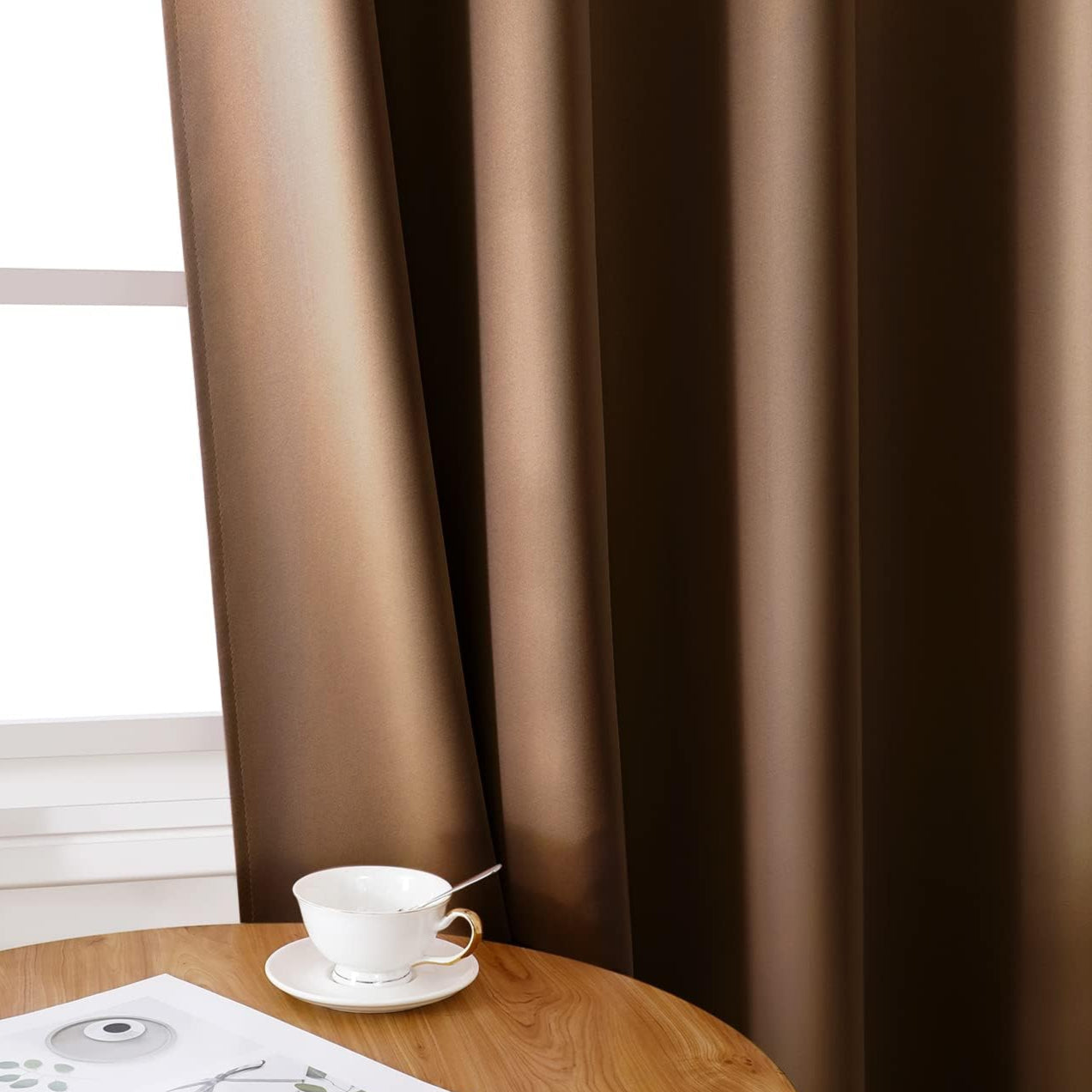 Set of 2 Faux Silk Blackout Drapes Curtains Brown