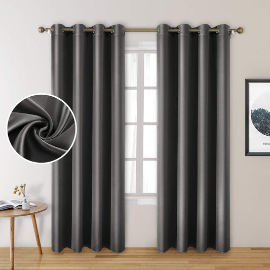 Set of 2 Faux Silk Blackout Drapes Curtains Dark Grey