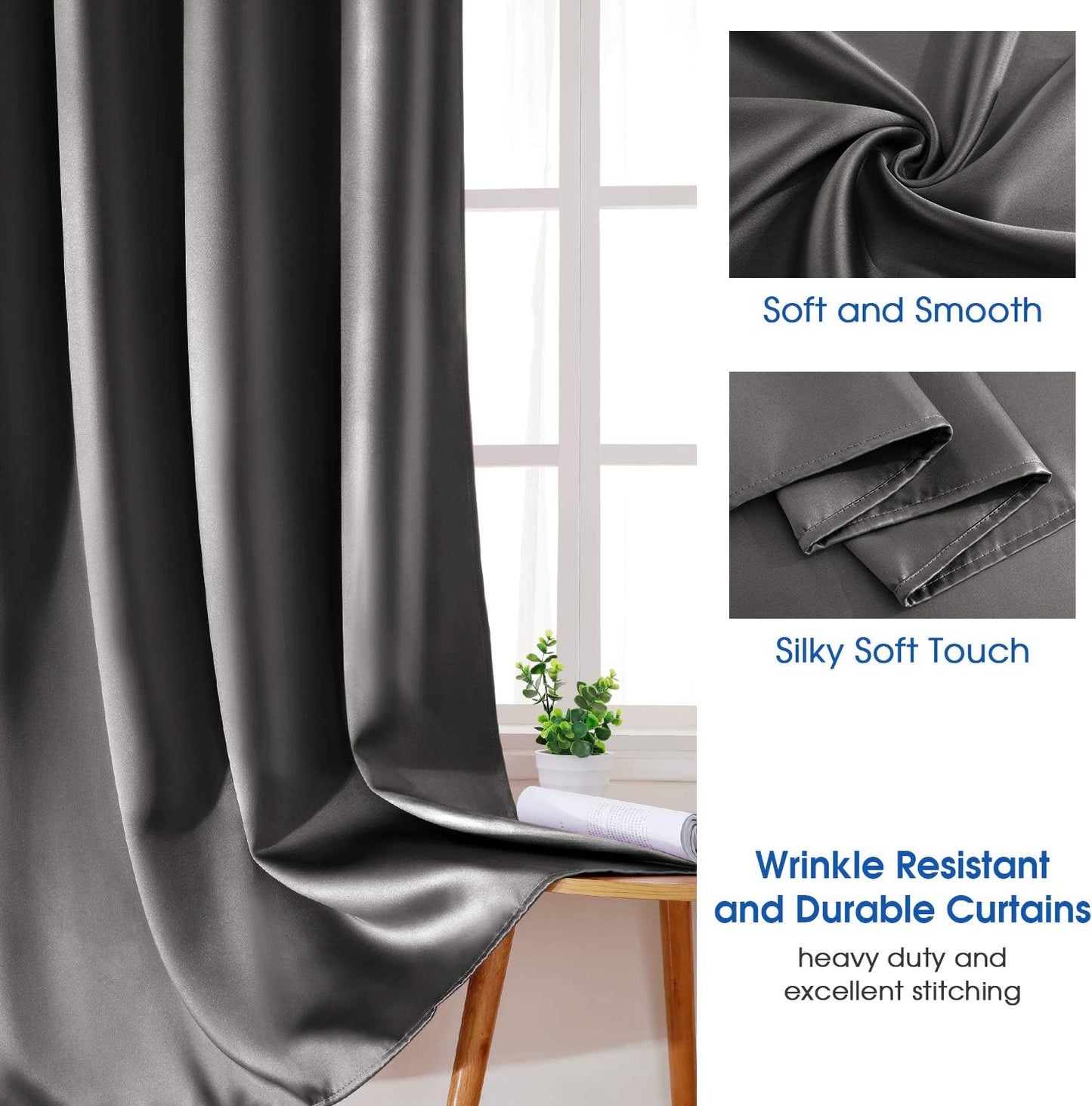 Set of 2 Faux Silk Blackout Drapes Curtains Dark Grey