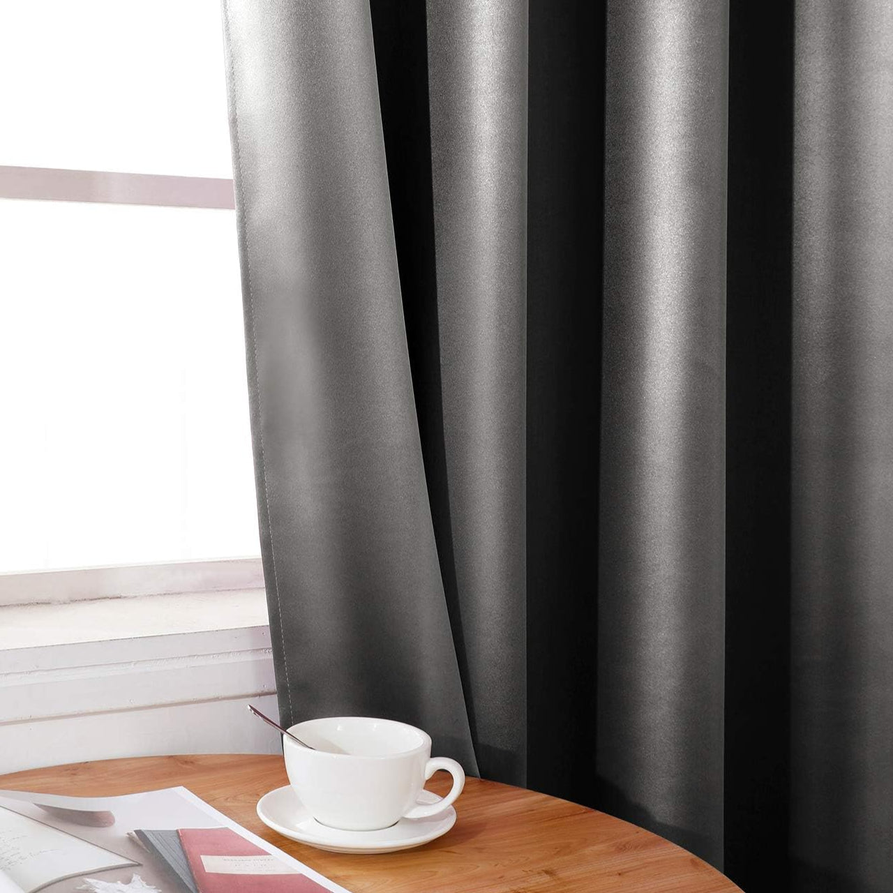 Set of 2 Faux Silk Blackout Drapes Curtains Dark Grey