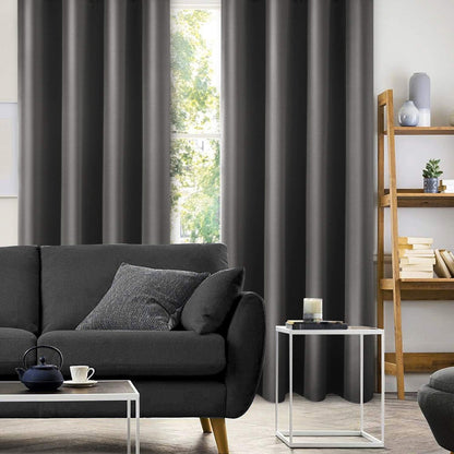 Set of 2 Faux Silk Blackout Drapes Curtains Dark Grey