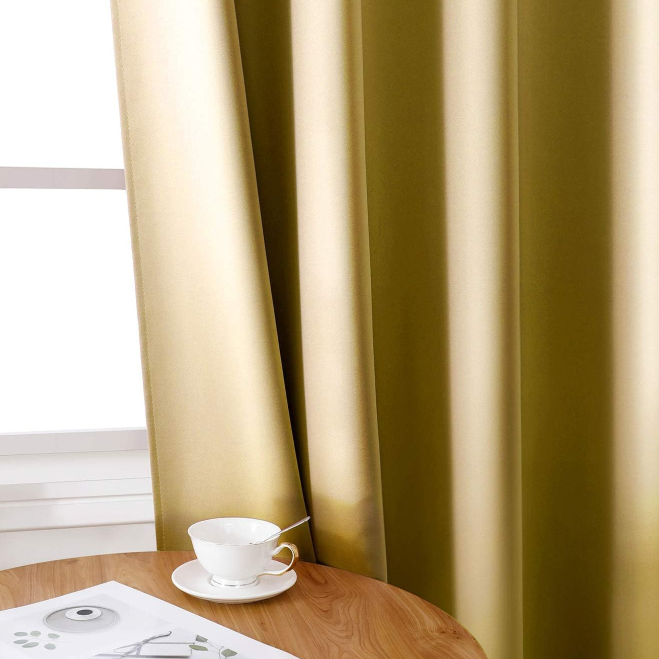 Set of 2 Faux Silk Blackout Drapes Curtains Gold