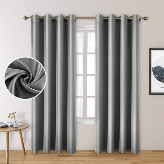 Set of 2 Faux Silk Blackout Drapes Curtains Silver Grey