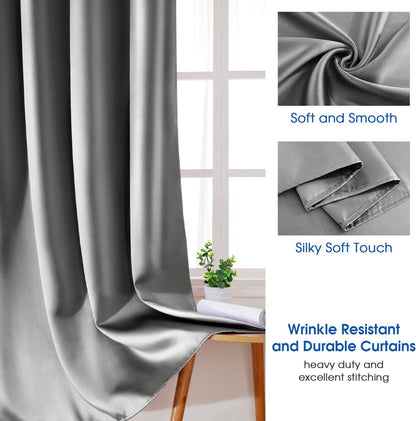 Set of 2 Faux Silk Blackout Drapes Curtains Silver Grey