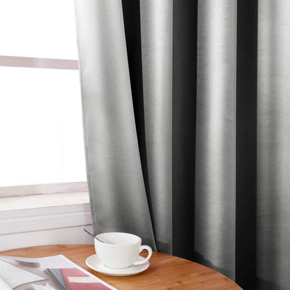 Set of 2 Faux Silk Blackout Drapes Curtains Silver Grey