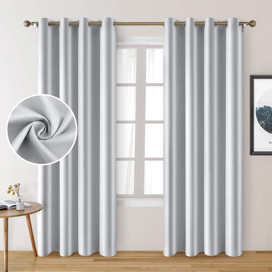 Set of 2 Faux Silk Blackout Drapes Curtains Greyish White