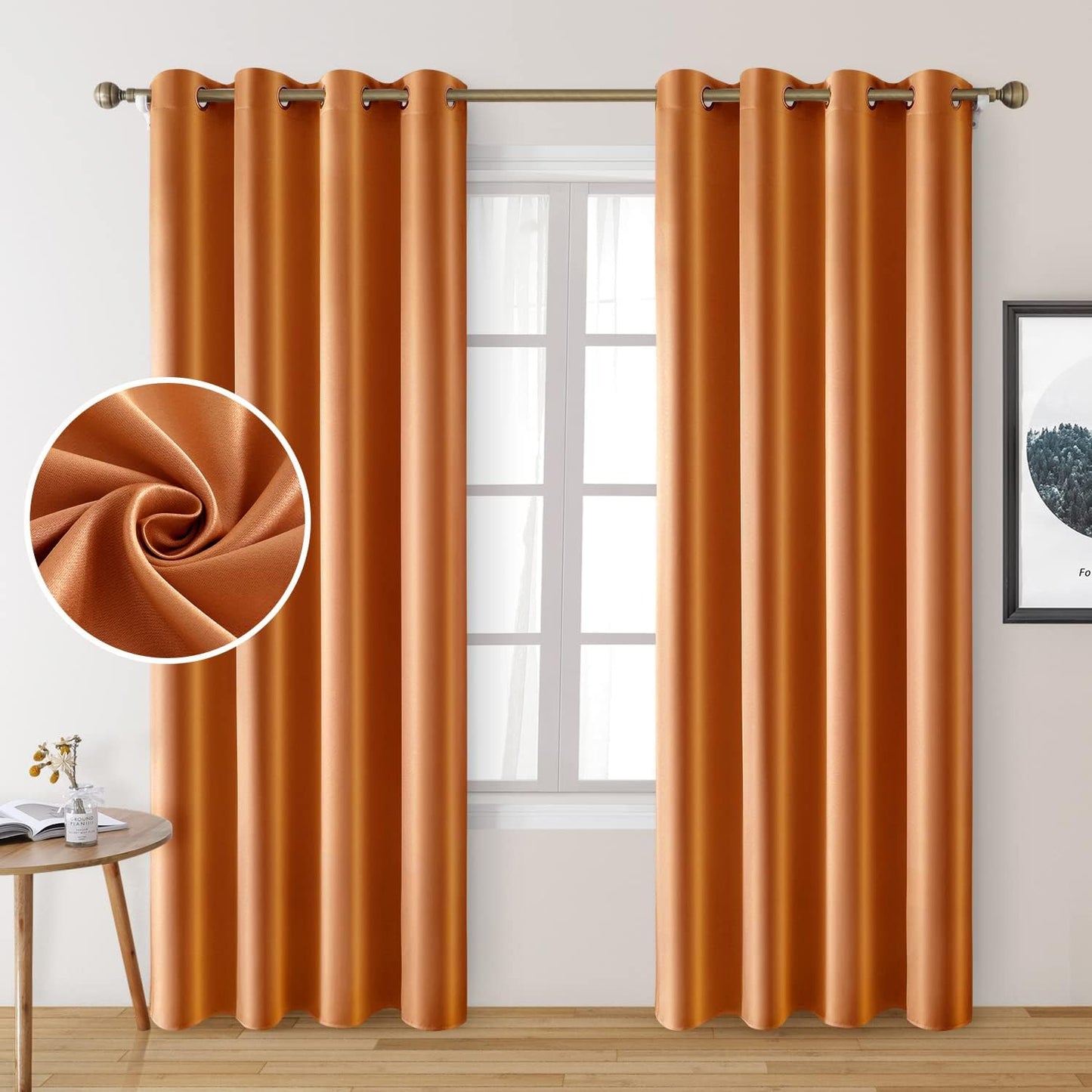 Set of 2 Faux Silk Blackout Drapes Curtains Orange