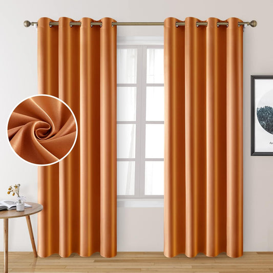 Set of 2 Faux Silk Blackout Drapes Curtains Orange