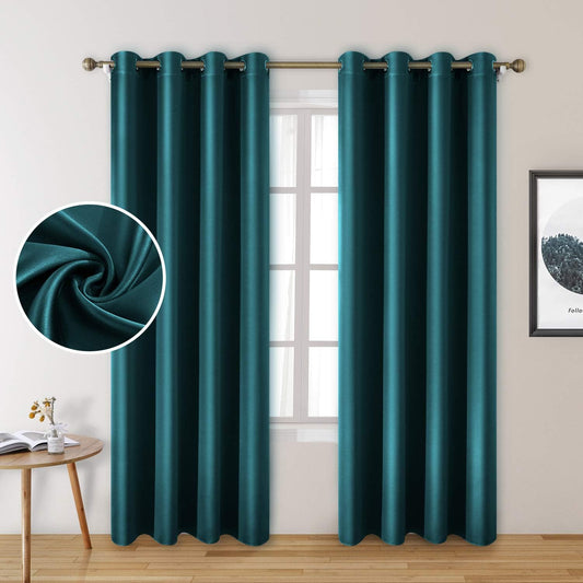 Set of 2 Faux Silk Blackout Drapes Curtains Teal