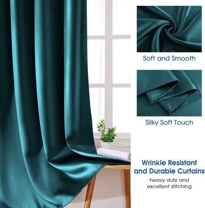 Set of 2 Faux Silk Blackout Drapes Curtains Teal