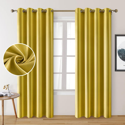 Set of 2 Faux Silk Blackout Drapes Curtains Mustard Yellow