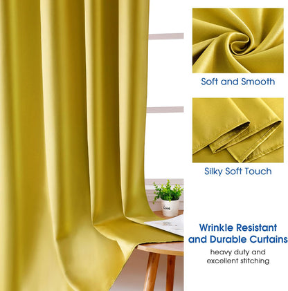 Set of 2 Faux Silk Blackout Drapes Curtains Mustard Yellow