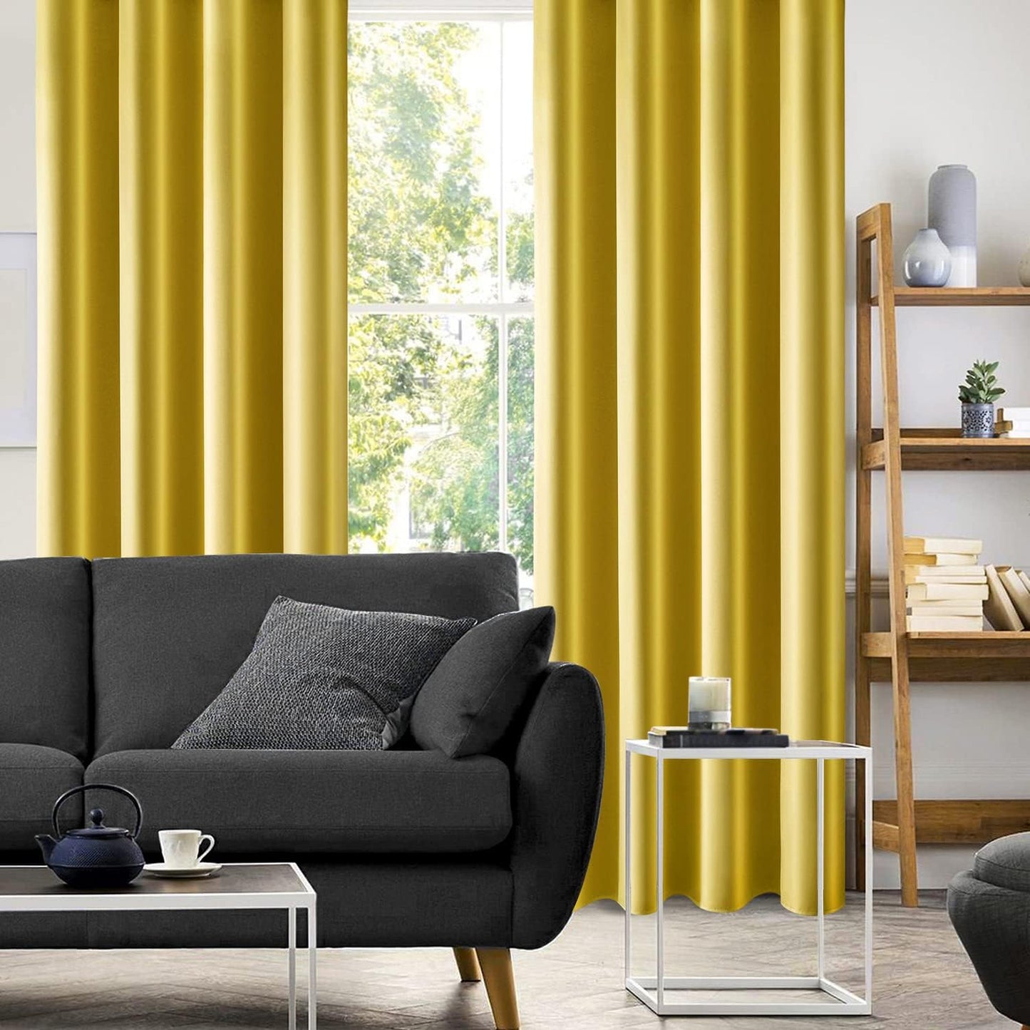 Set of 2 Faux Silk Blackout Drapes Curtains Mustard Yellow