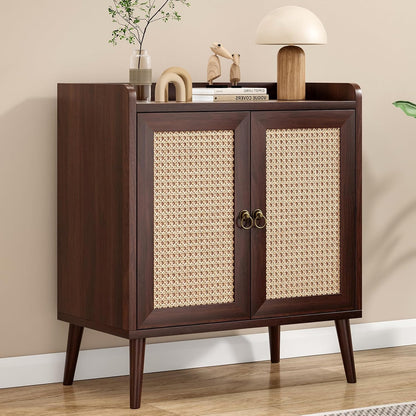 Rattan Doors Storage Cabinet Walnut Finish