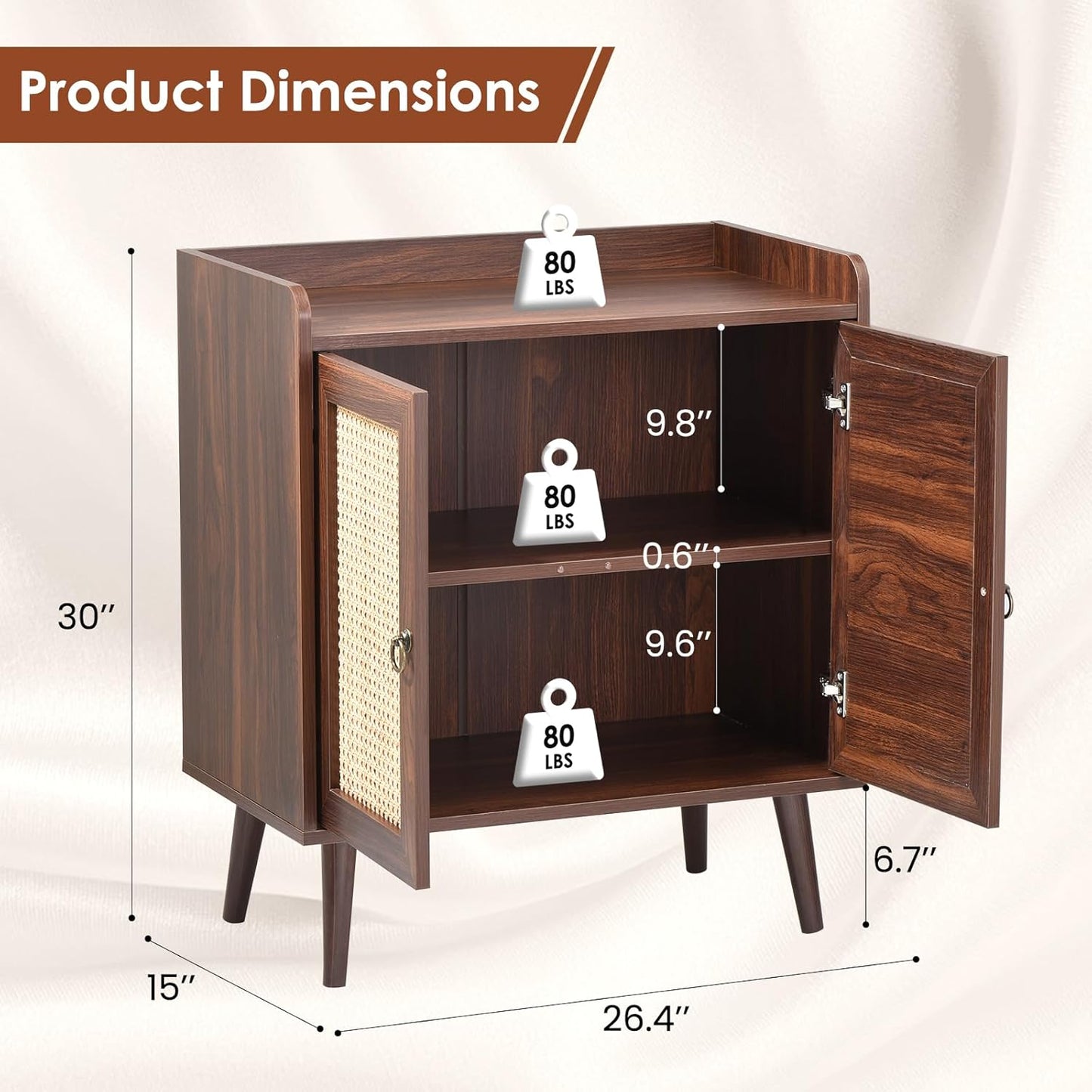 Rattan Doors Storage Cabinet Walnut Finish