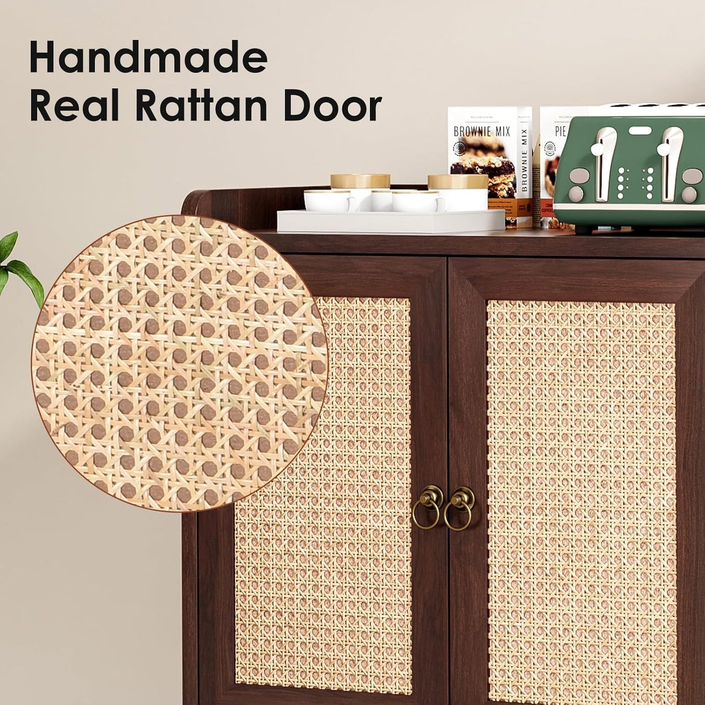 Rattan Doors Storage Cabinet Walnut Finish